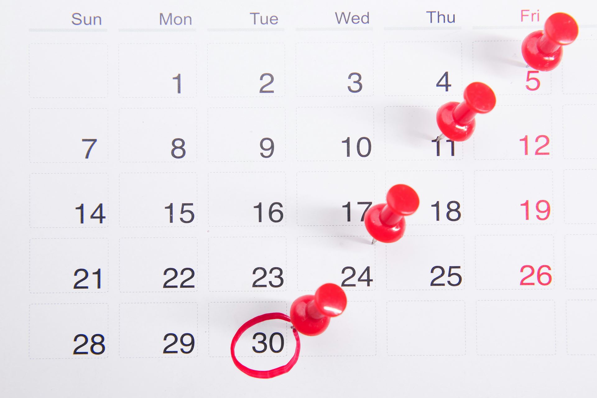 Calendar with pins on dates